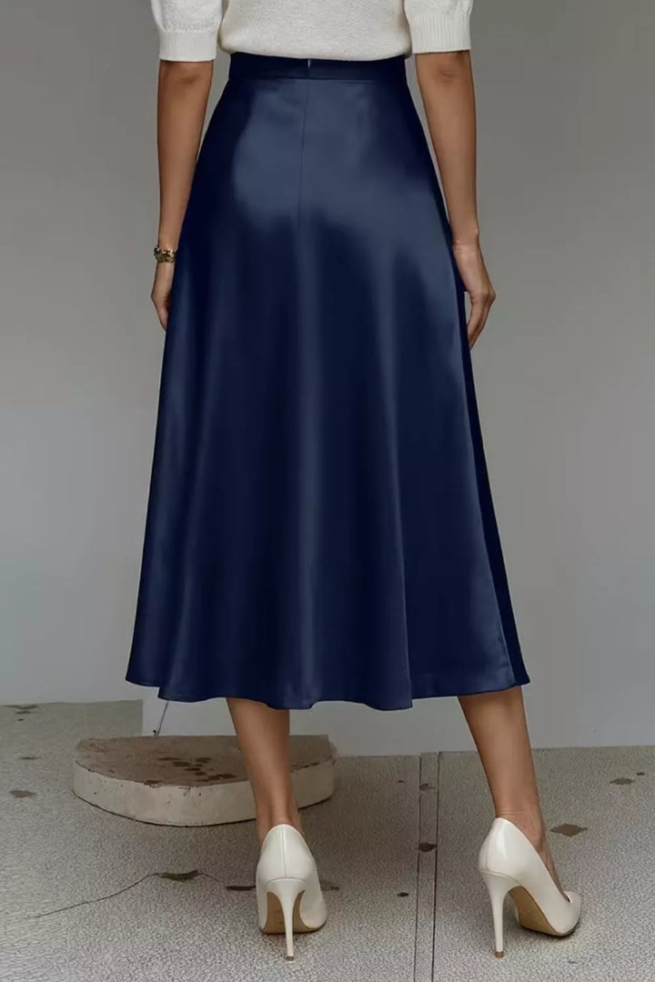 High-waist satin A-line midi skirt with pockets