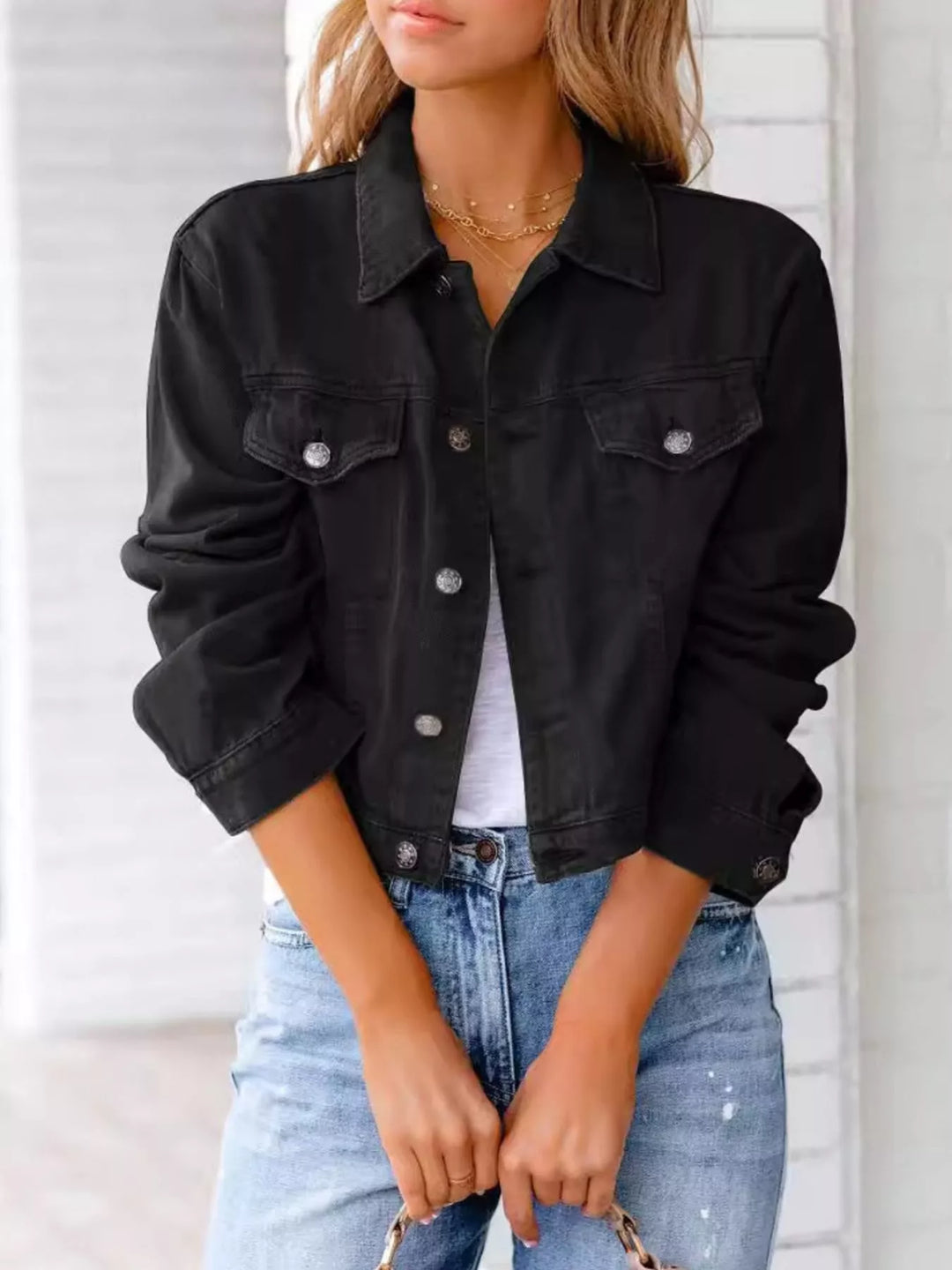 Black Cropped button-up denim jacket with chest pockets