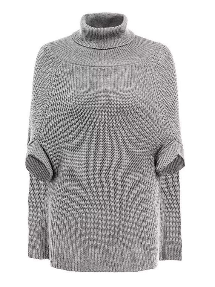 Grey Ribbed turtleneck cape sweater with side slits