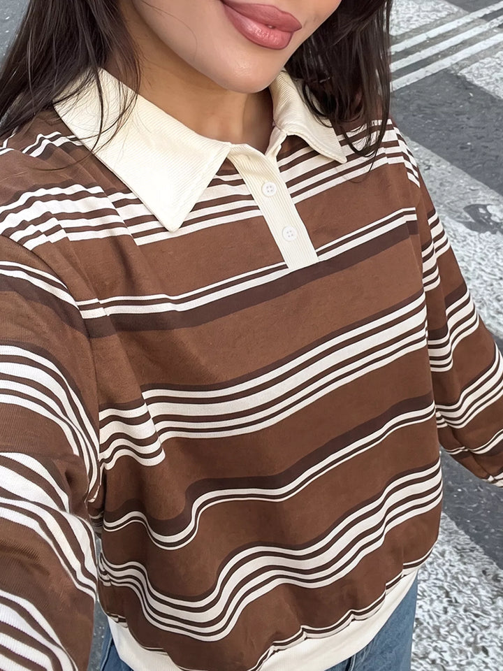 Striped drop shoulder polo sweatshirt with button placket