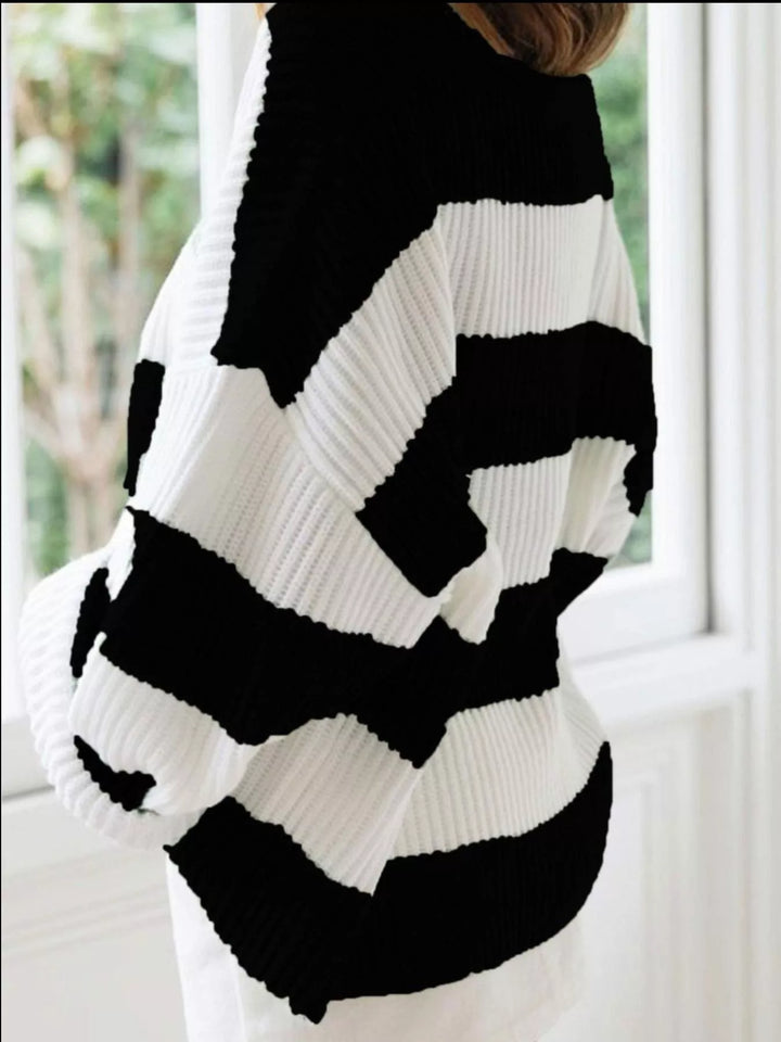 Oversized striped ribbed knit crew neck sweater
