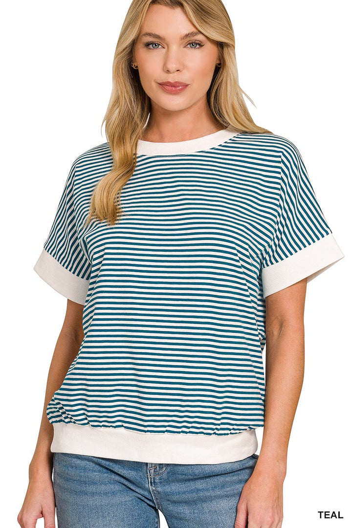 TEAL Striped short sleeve top with contrast trim and banded hem