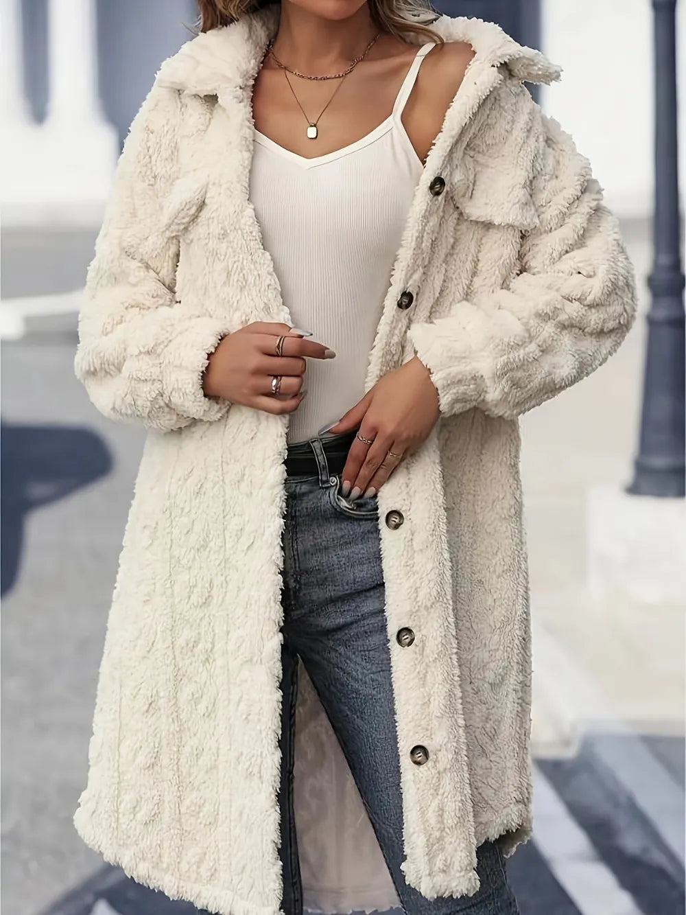 Fuzzy textured fleece longline button-up coat