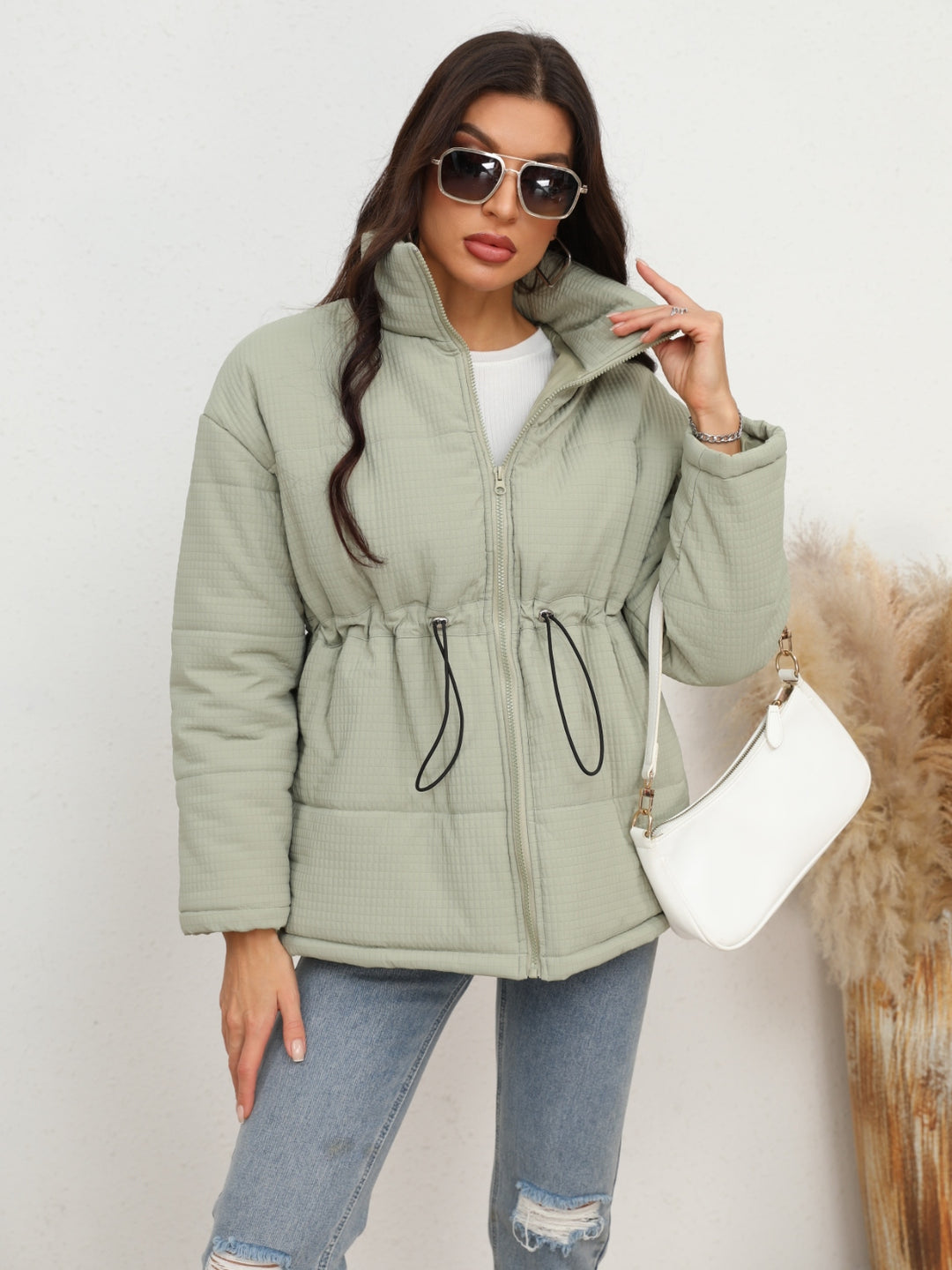 Light Green Drawstring waist zip-up puffer jacket with stand collar