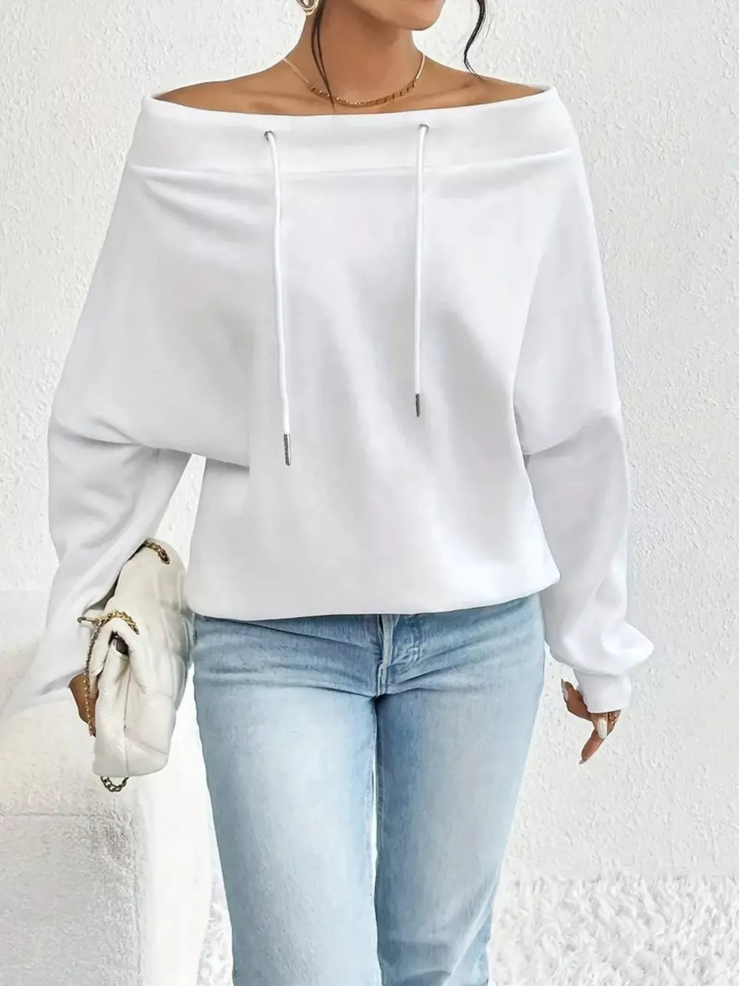 Off-shoulder drawstring sweatshirt with ribbed cuffs