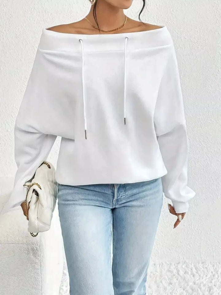 Off-shoulder drawstring sweatshirt with ribbed cuffs