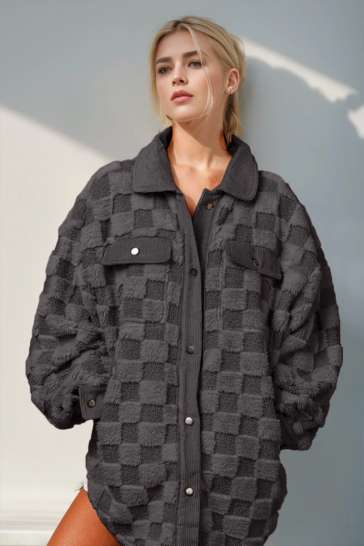 Black Fuzzy checkered snap-button shacket with corduroy trim