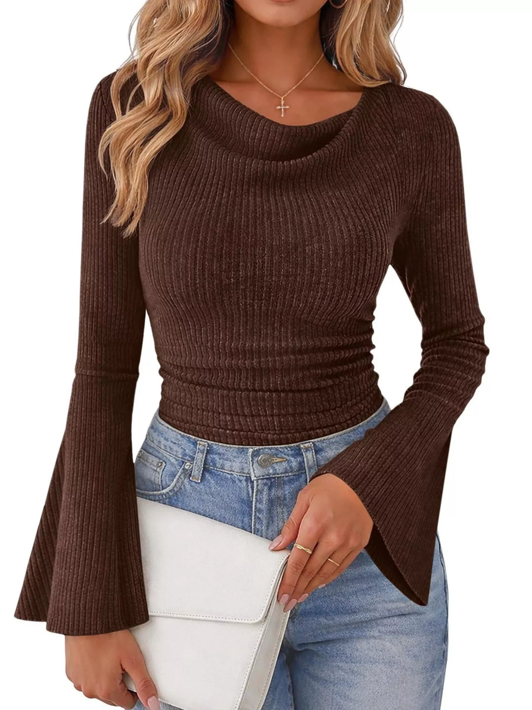 Brown Ribbed knit cowl neck top with flared bell sleeves