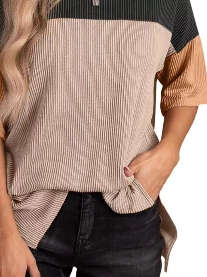 Ribbed color block short sleeve top with side slits
