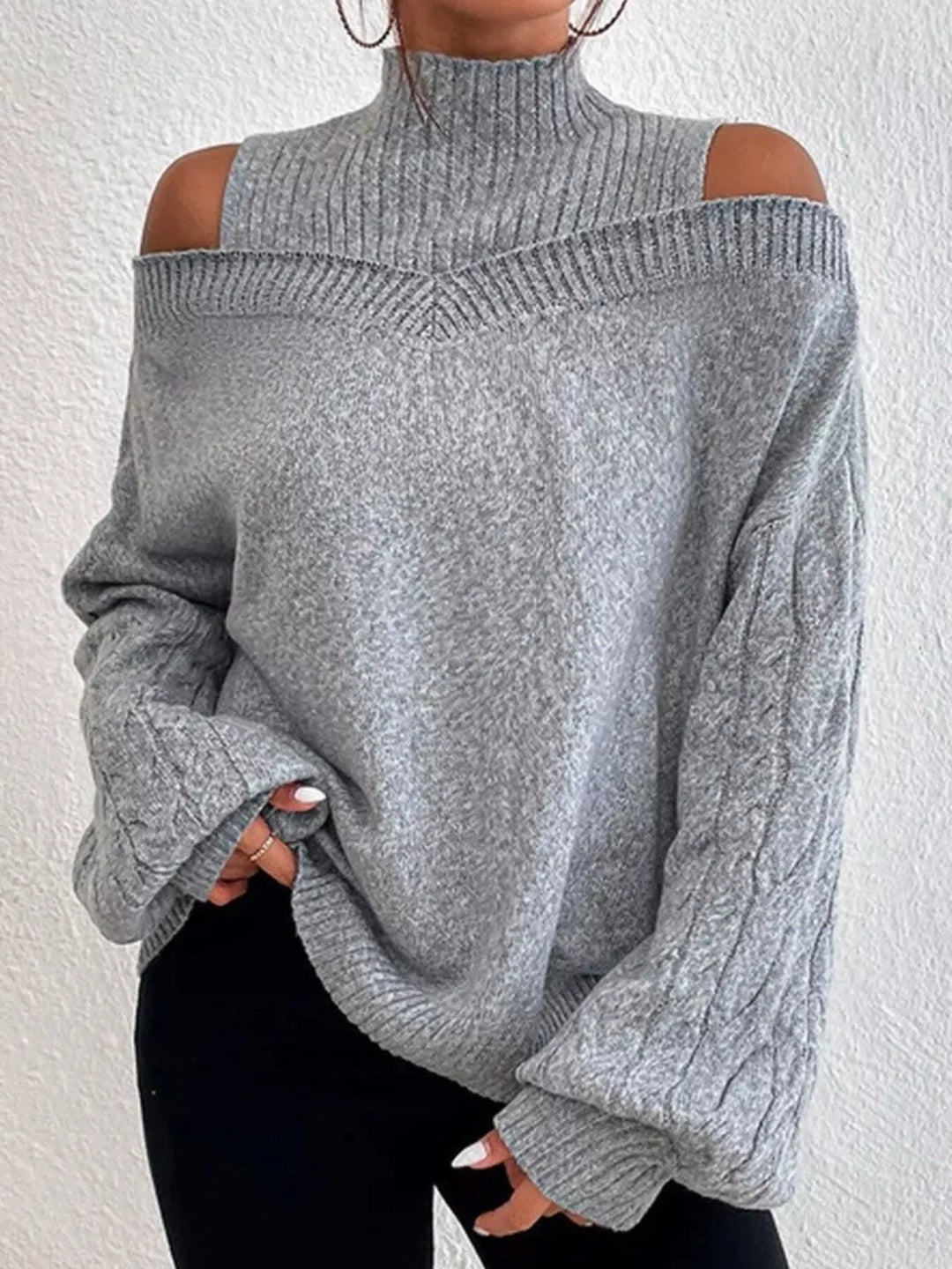 Gray Cold-shoulder cable-knit turtleneck sweater