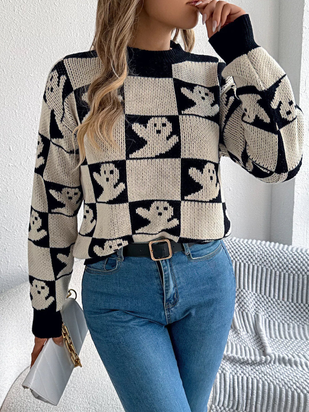 Checkered ghost print crew neck sweater with ribbed cuffs