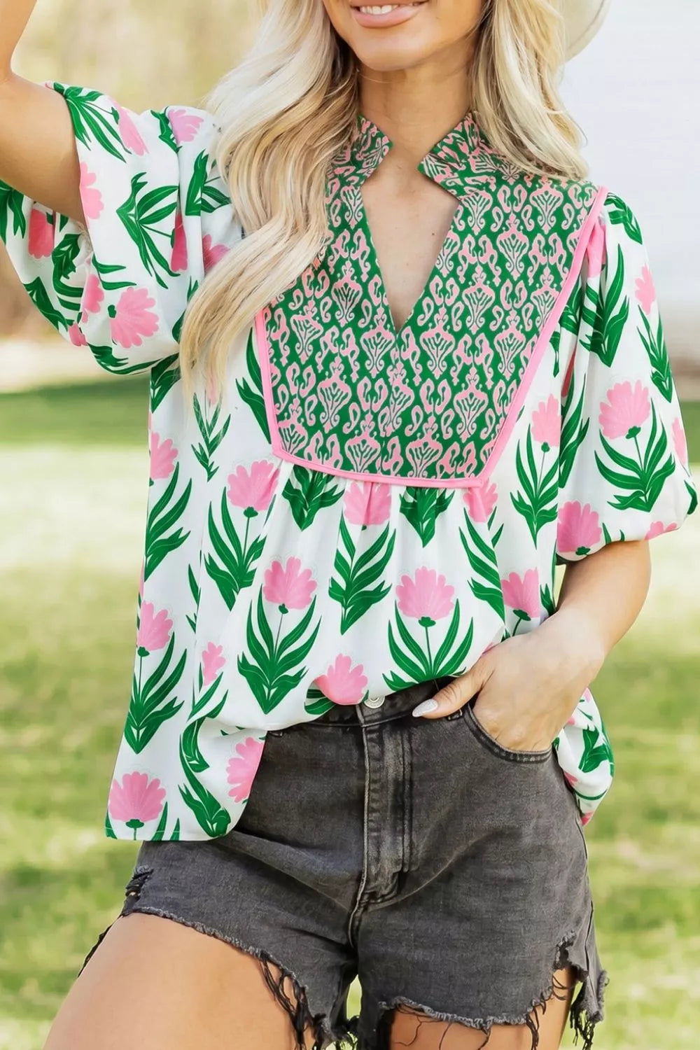 Sage Floral print puff sleeve V-neck blouse with contrast yoke