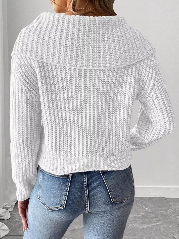 Waffle knit foldover collar sweater with contrast bow