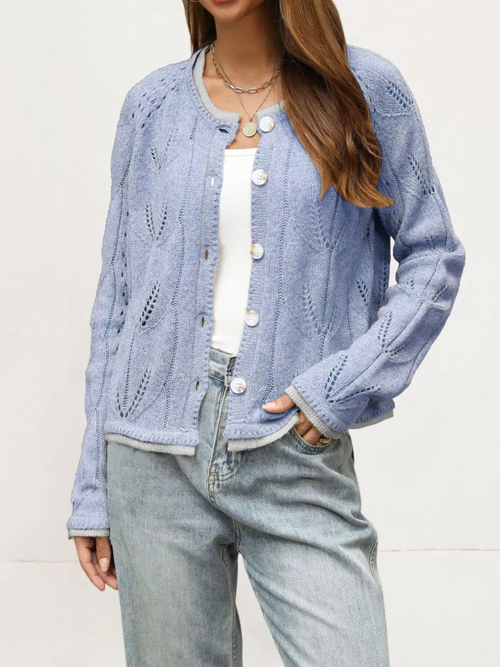 Blue Pointelle openwork knit button-down cardigan