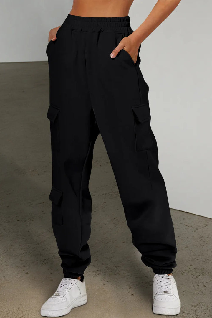 Black Cargo pocket joggers with elastic waist and ribbed cuffs