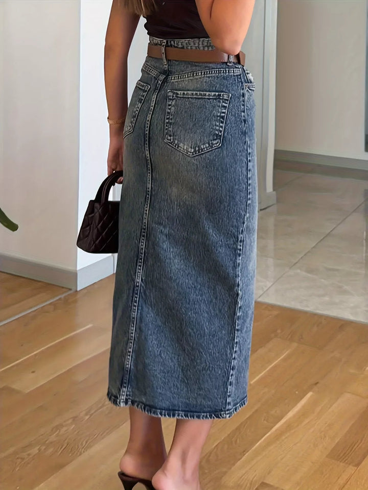 High-rise midi denim skirt with front slit
