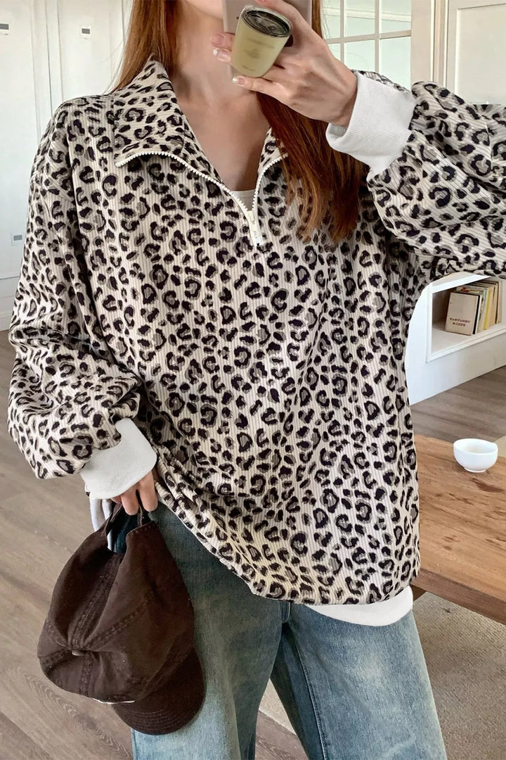 Leopard Leopard print ribbed quarter-zip pullover sweatshirt