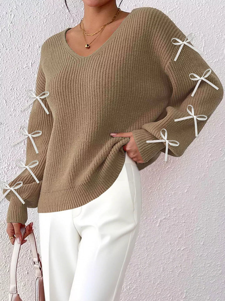 Khaki Ribbed knit V-neck sweater with bow-tie sleeves