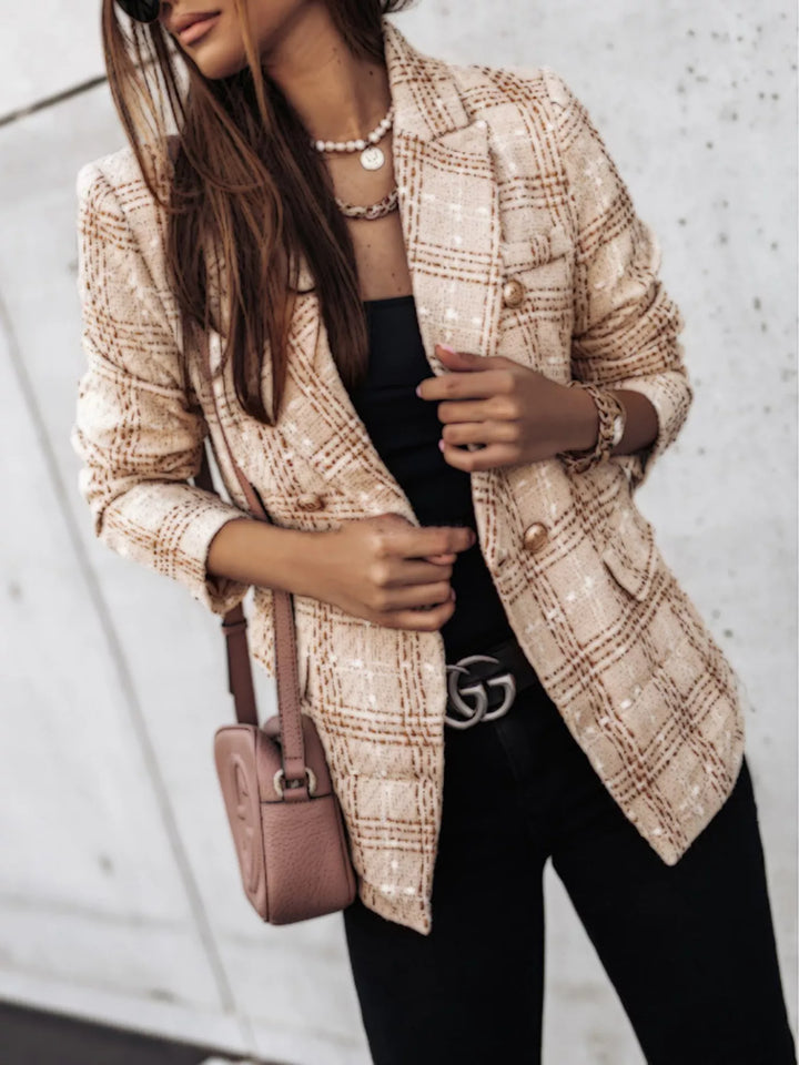 Tan Plaid tweed double-breasted blazer with gold buttons - Burgundy
