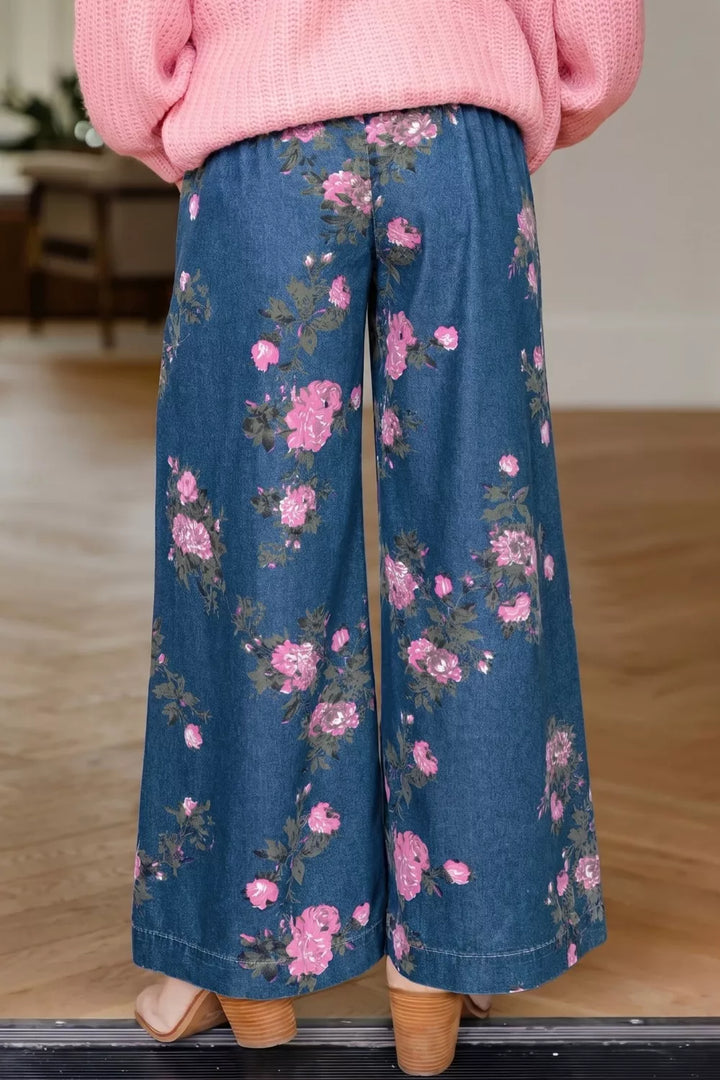 Floral print wide-leg drawstring jeans with button placket