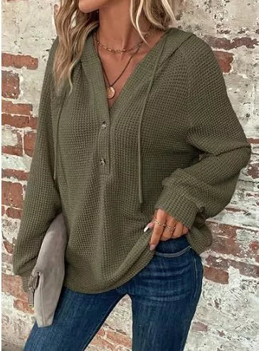 Waffle knit button-front hoodie with drawstring hood