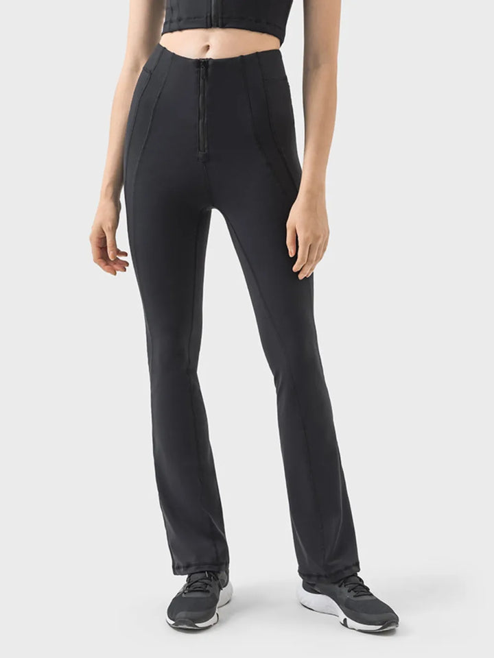 Black High-waist flare active pants with front zip detail