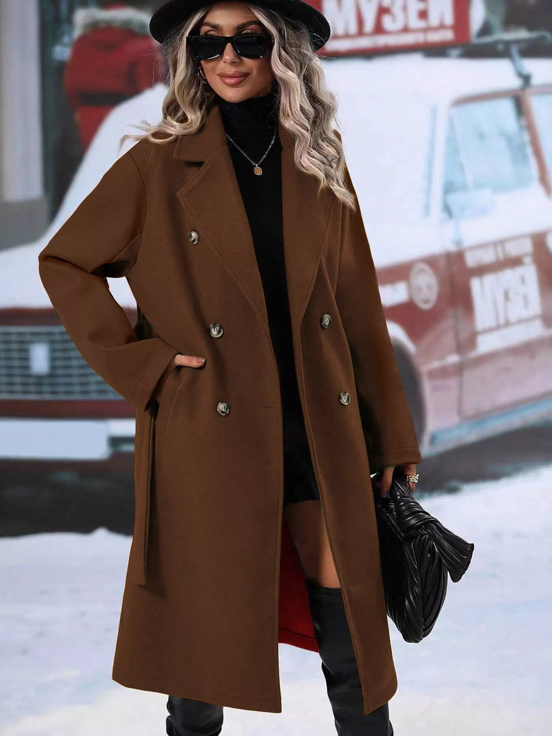 Double-breasted belted longline overcoat with lapel collar