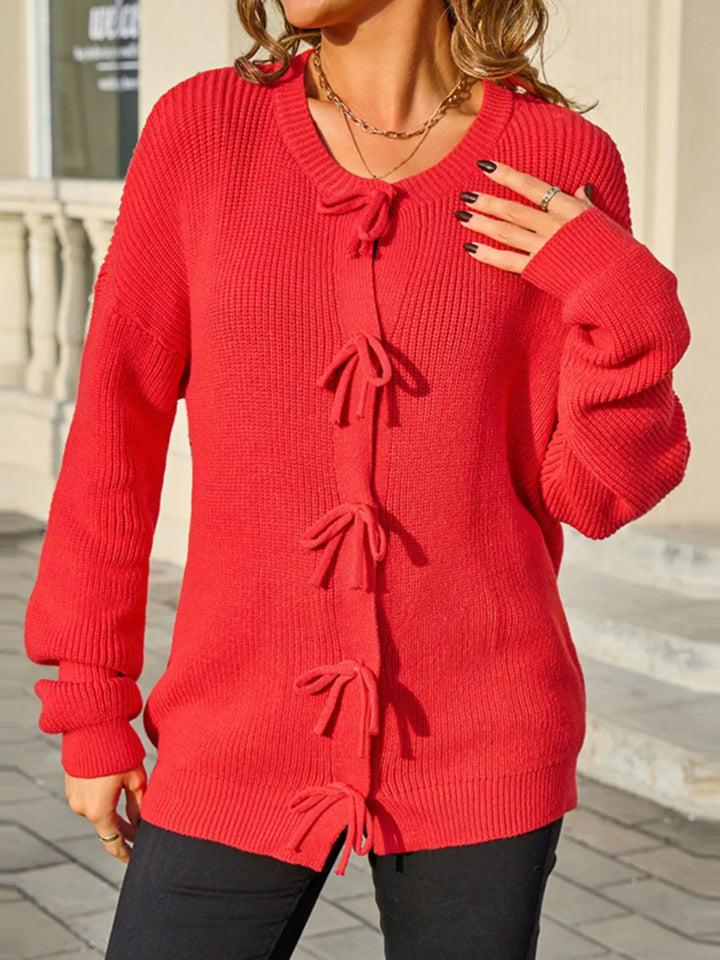 Ribbed knit bow-tie button-front cardigan
