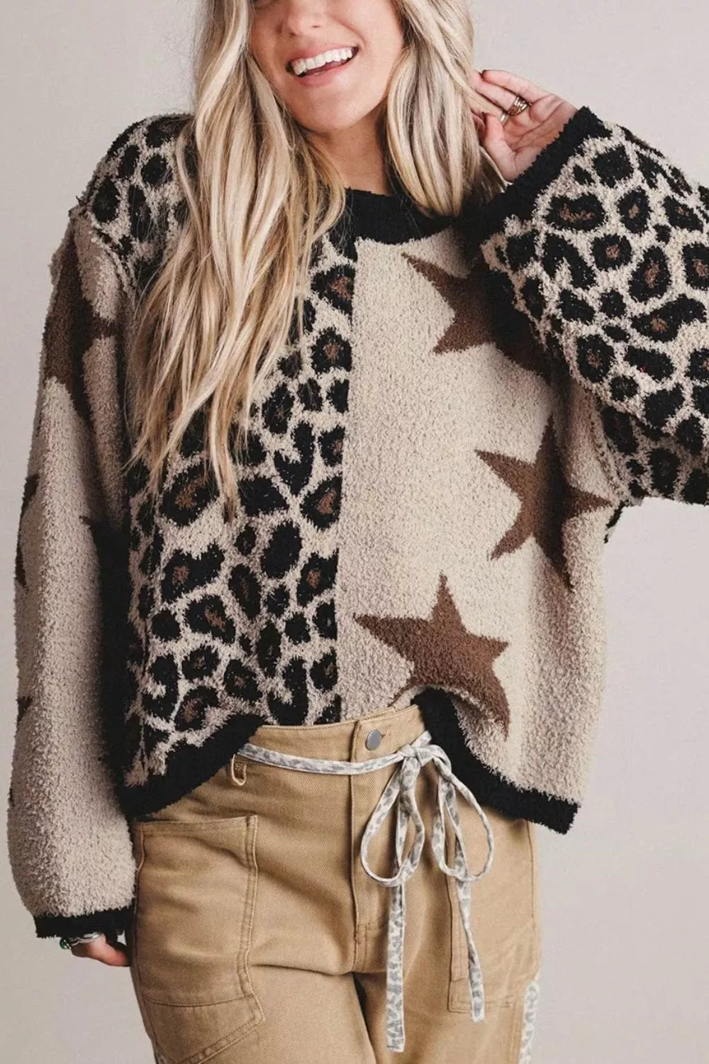 Leopard and star colorblock fuzzy knit pullover sweater