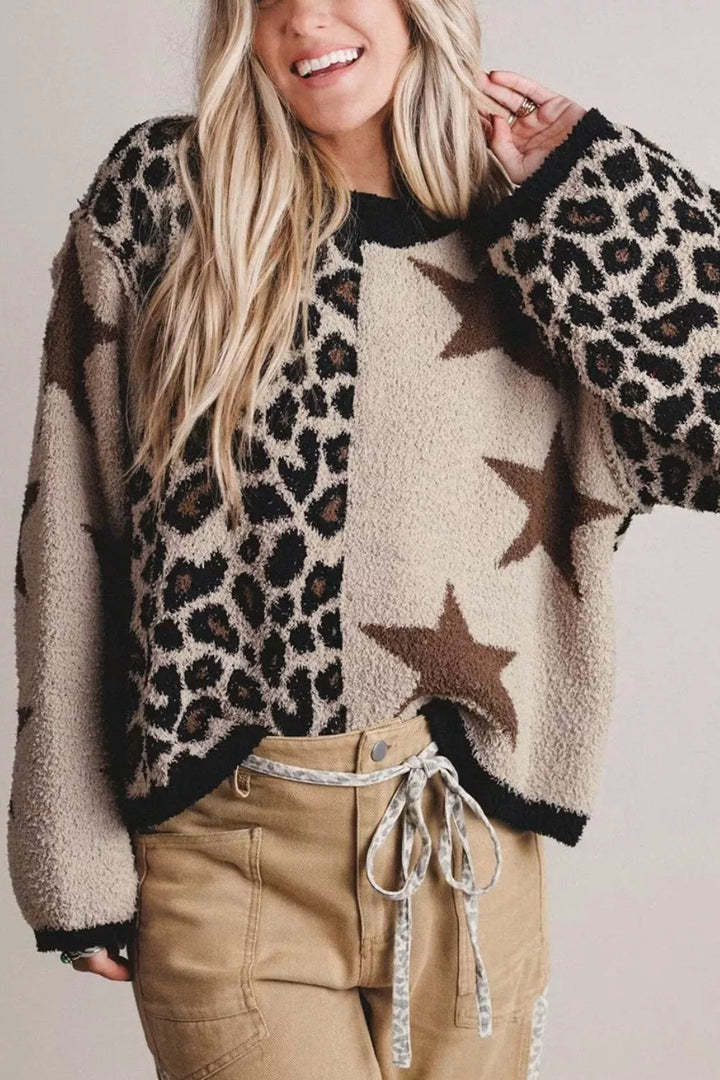 Leopard and star colorblock fuzzy knit pullover sweater