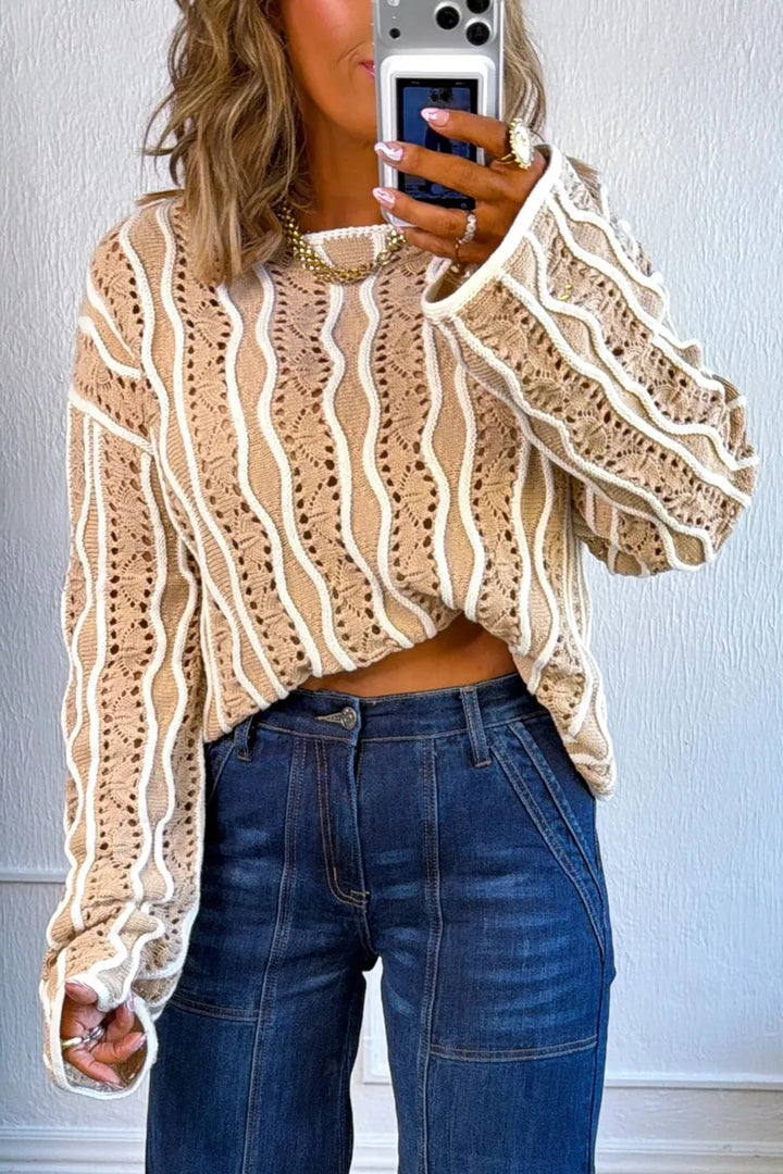 Wavy contrast stripe openwork knit sweater top
