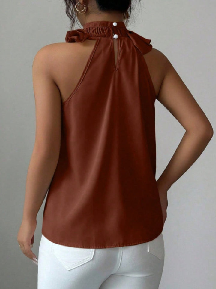 Flowy ruffle-trim high-neck sleeveless blouse