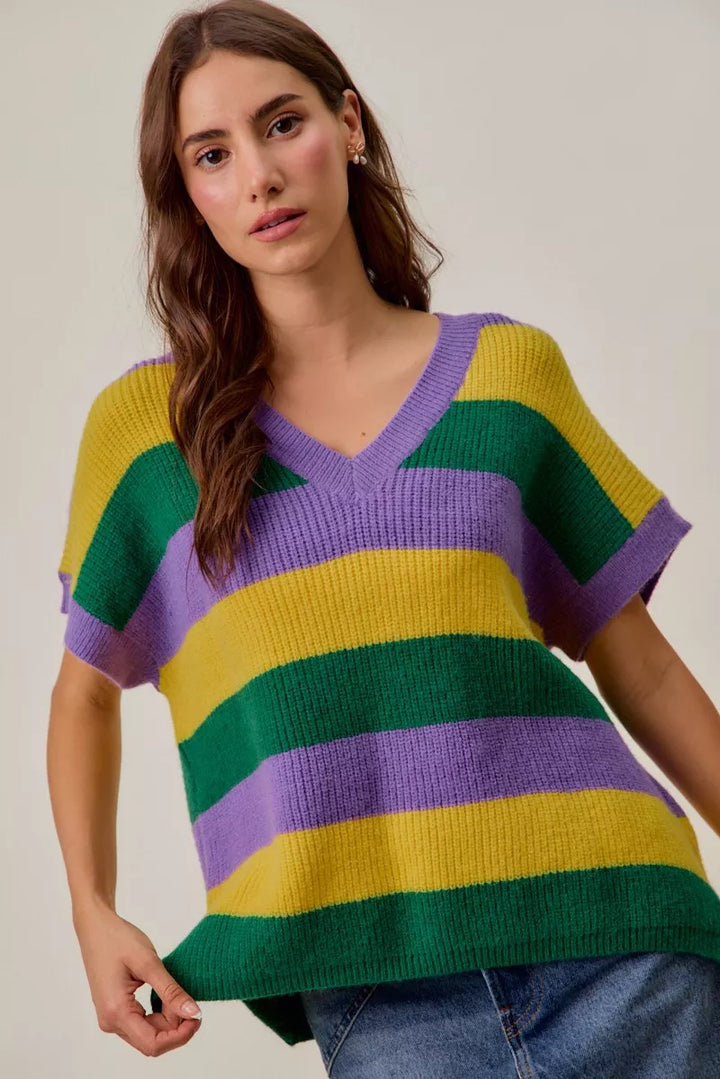 PURPLE/MUSTARD/GREEN Ribbed striped V-neck short sleeve sweater top