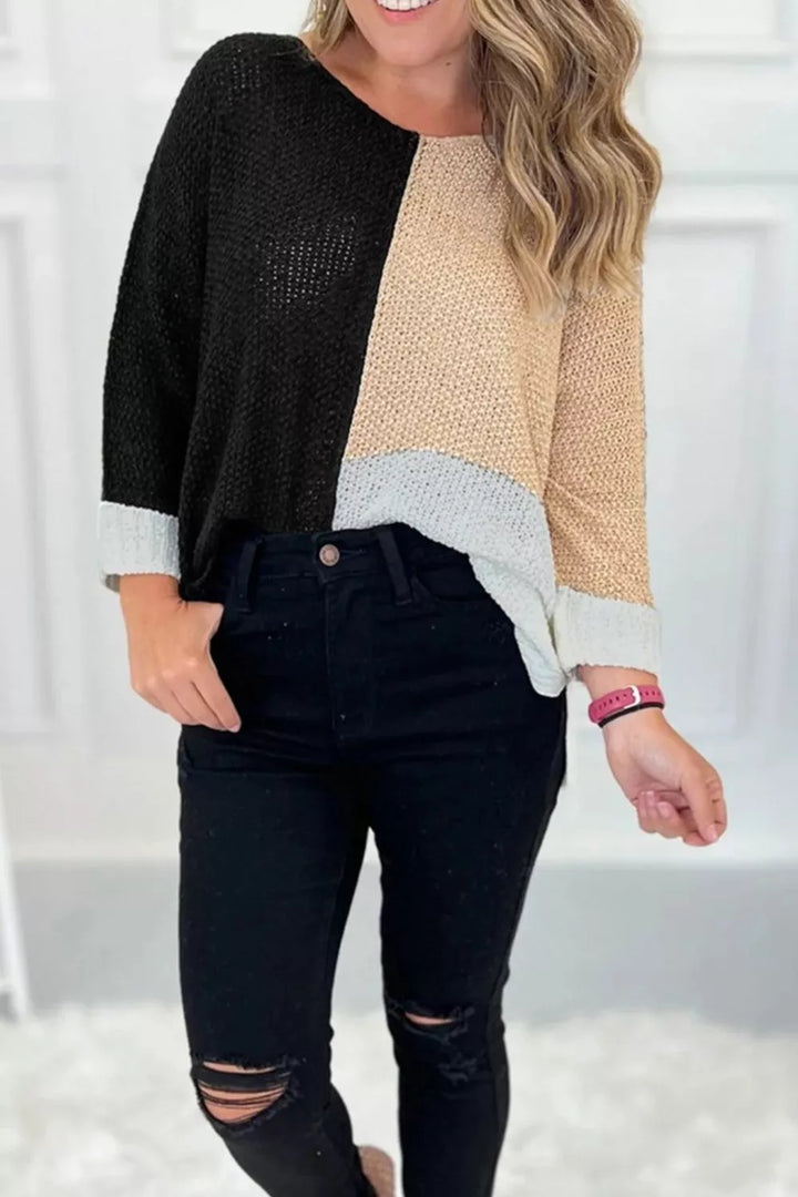 Color block ribbed knit v-neck loose sweater