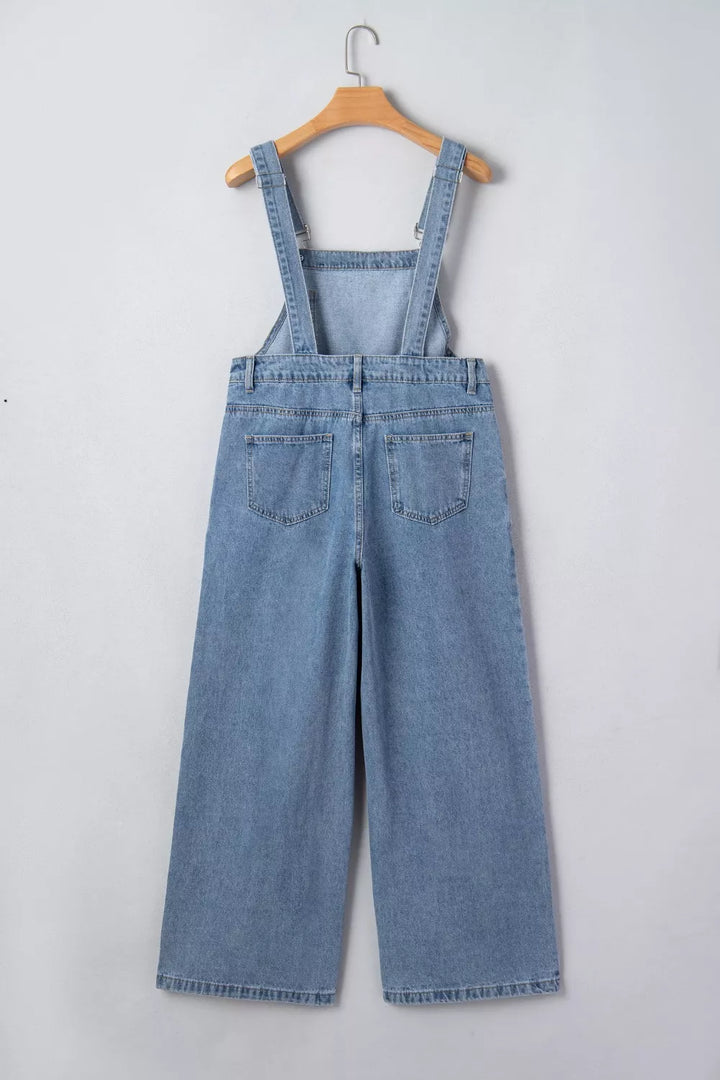 Pleated wide-leg denim overall jumpsuit with bib pocket