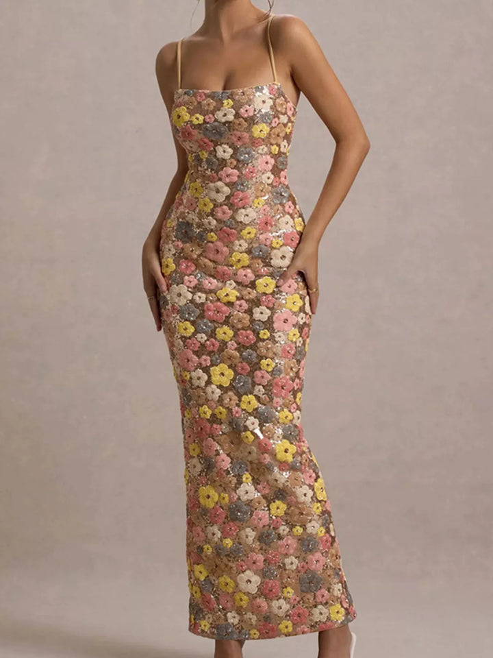 Floral sequin bodycon maxi dress with side slit