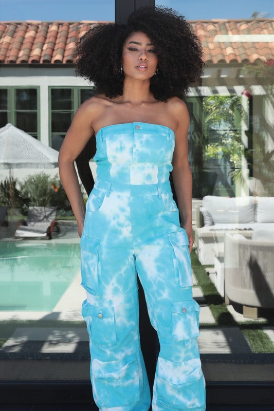 Celestial Dreams Strapless Utility Jumpsuit in TIE DYE - mini, pockets - alternate view
