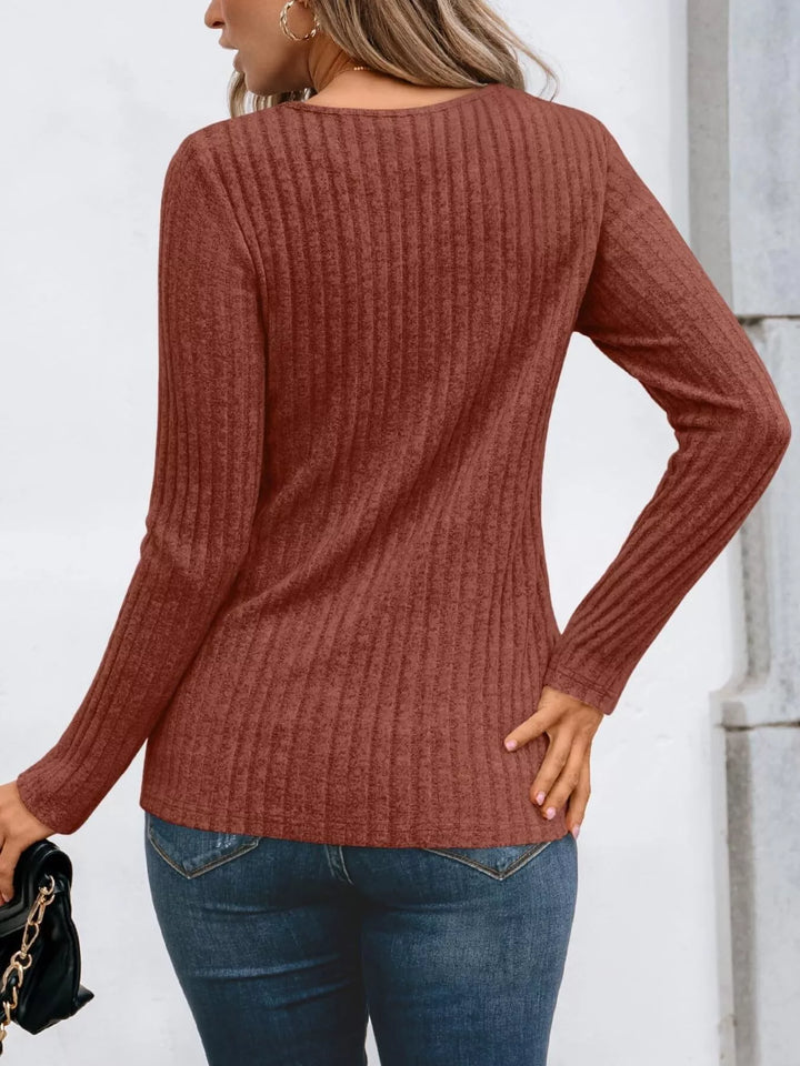 Ribbed knit long sleeve top with lace yoke