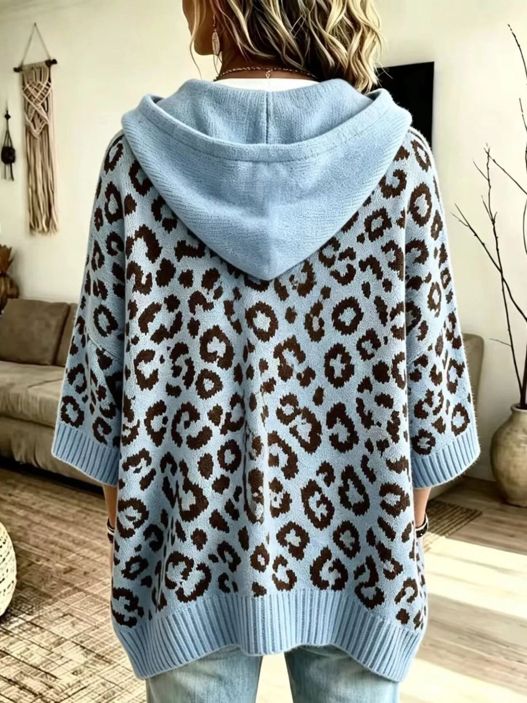 Leopard print drawstring hooded sweater with dolman sleeves