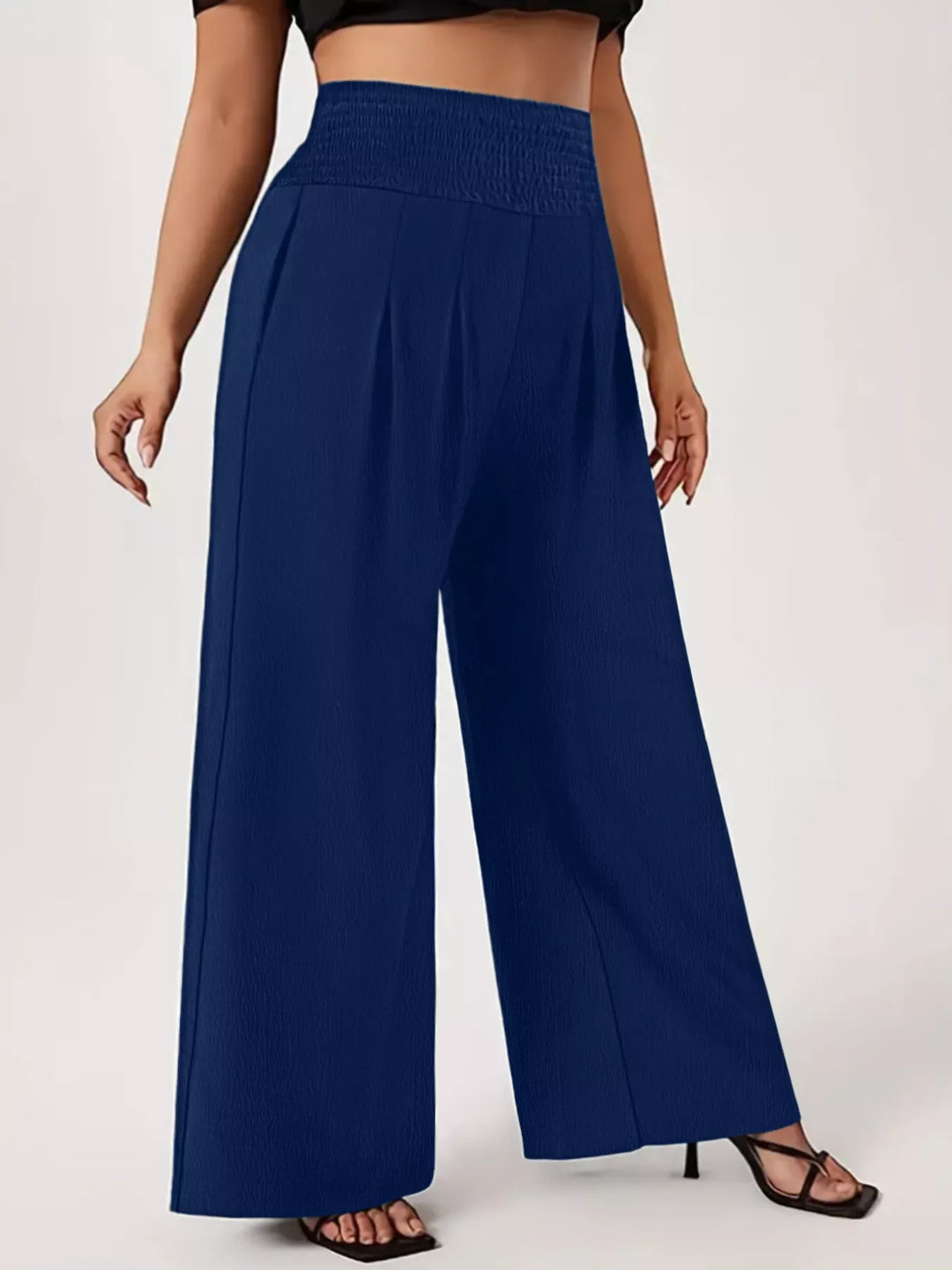 Navy Plus-size high-waist smocked wide-leg pants
