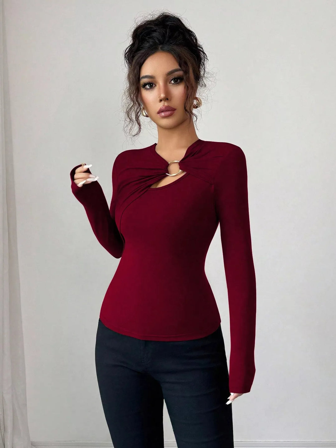 Twist front ring detail long sleeve top with cutout