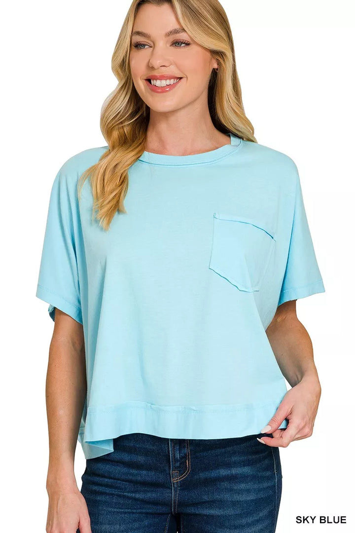 SKY BLUE Exposed seam boxy pocket tee with drop shoulder