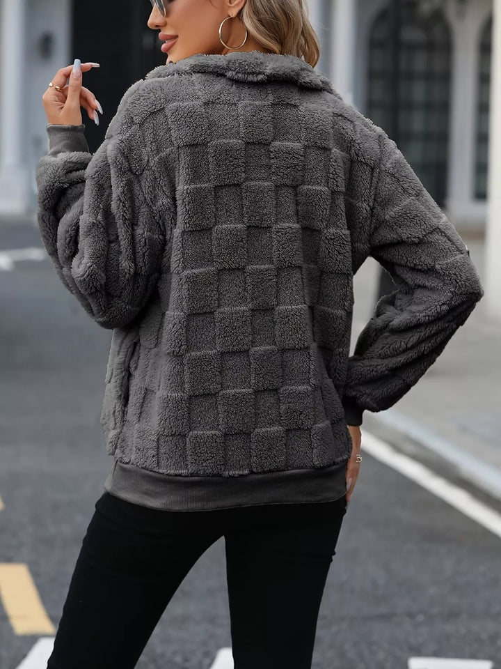 Checkered sherpa fleece quarter zip pullover with pockets