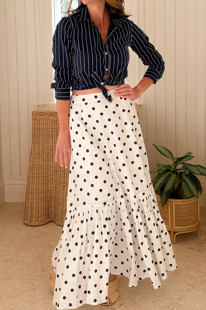 Polka dot ruffled maxi skirt with side slit and pockets