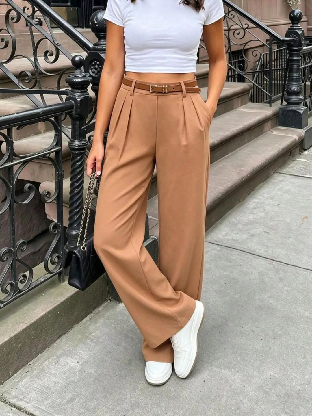 Ochre Pleated high-rise wide-leg pants with side pockets