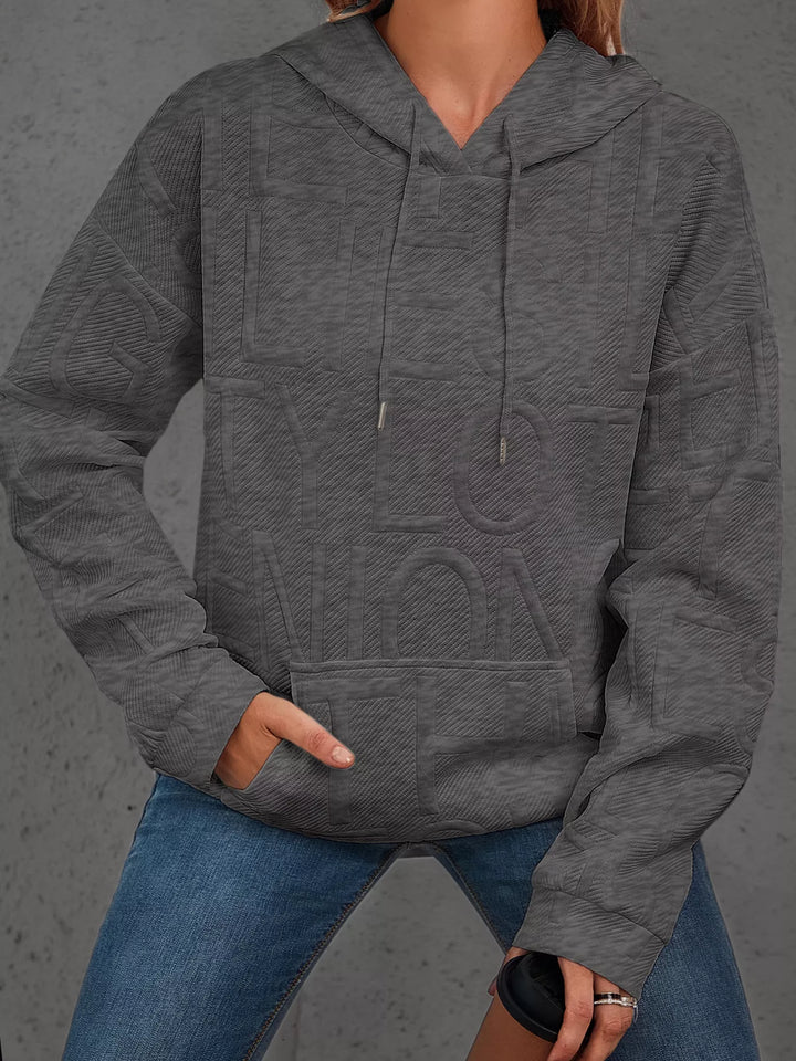 Dark Gray Textured embossed letter pullover hoodie with front pocket