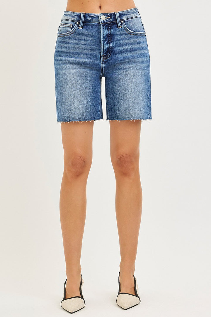 High-rise raw hem denim shorts with tummy control
