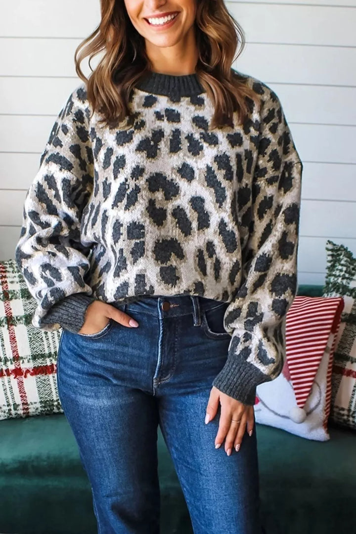 Leopard print drop shoulder knit pullover sweater