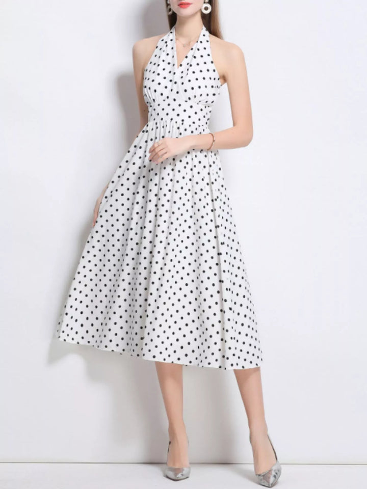 White Polka dot halter midi dress with full A-line skirt