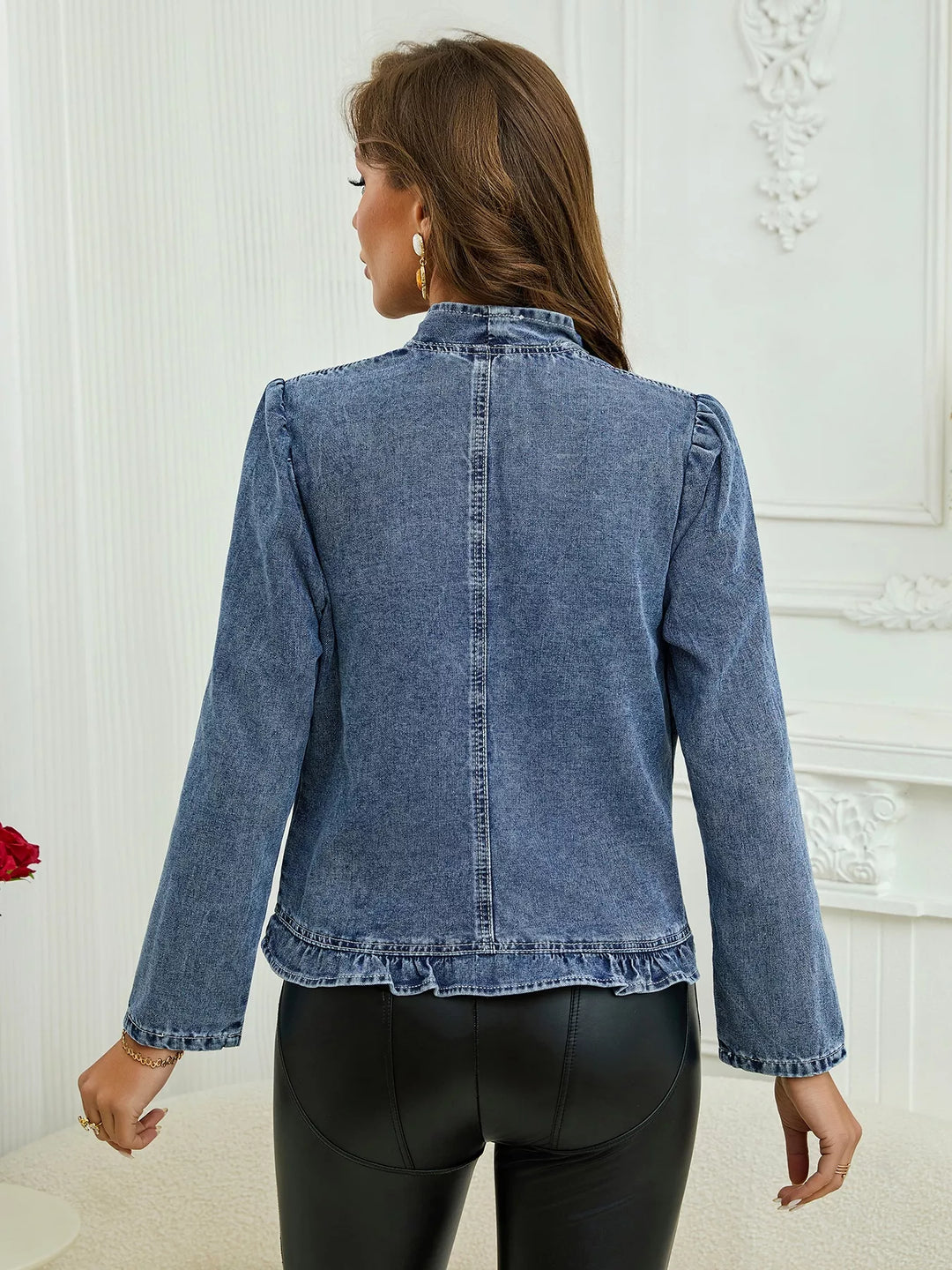 Ruffle trim open front cropped denim jacket